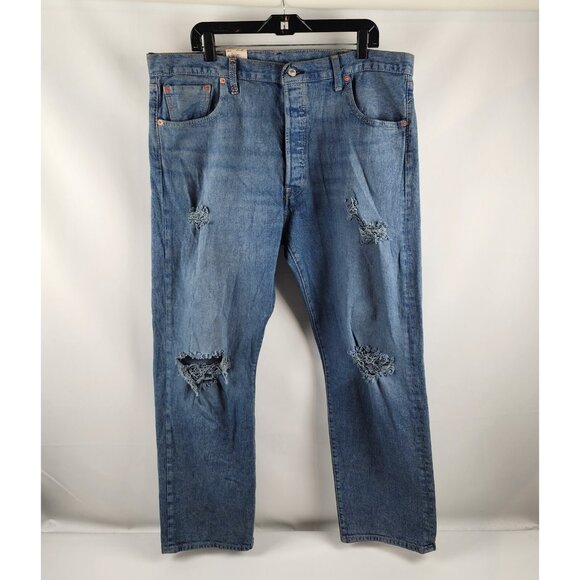 LEVIS 501 Jeans Mens 40x30 Button Fly Distressed BlueStraight Leg NWT